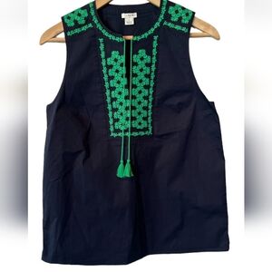 J Crew Factory navy blue green embroidered tassel tank top Size 12